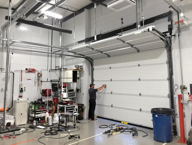 Weddington Garage Door Repair certified technician performing commercial door repair at a Weddington business facility