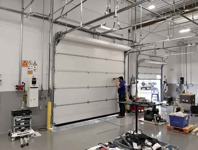 Commercial garage door repair being performed by Weddington Garage Door Repair expert in Weddington