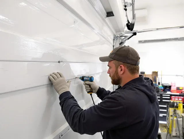 Weddington Garage Door Repair technician demonstrating precision dent removal techniques on a Weddington garage door