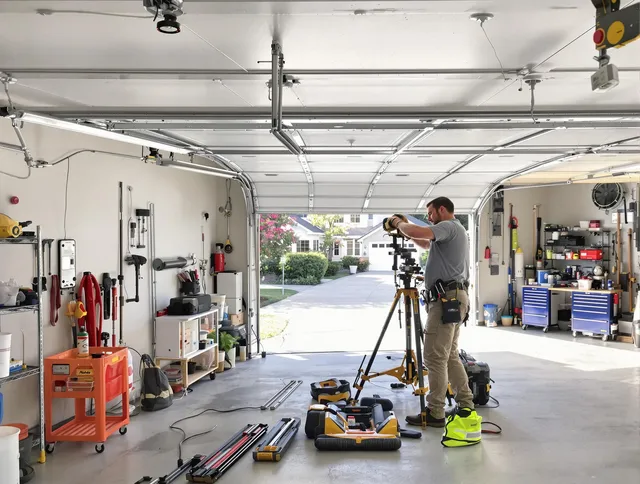 Weddington Garage Door Repair specialist performing laser-guided track alignment in Weddington